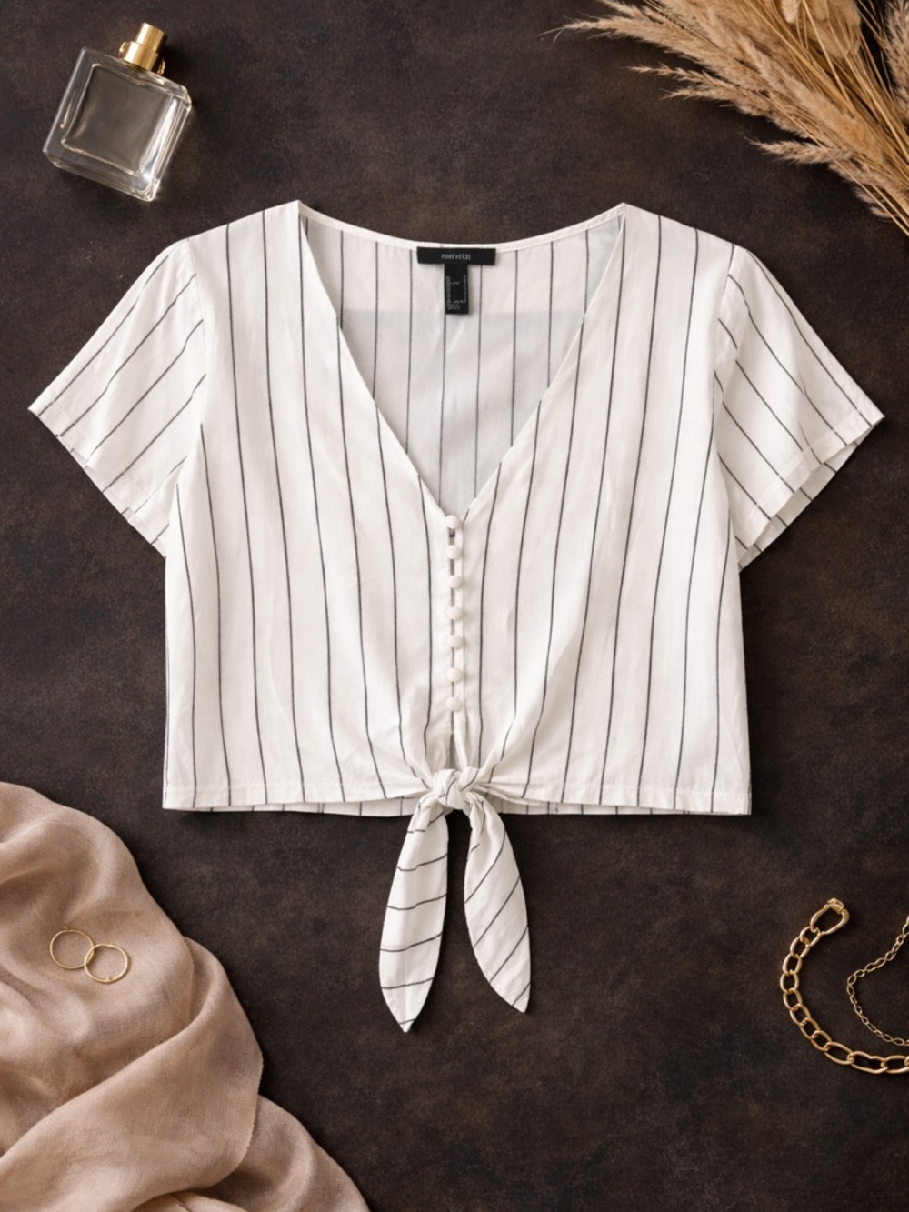 Forever 21 White Crop Top with Black Pinstripes